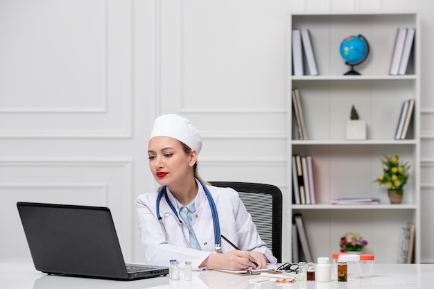 Медицинский красивый милый доктор в белом больничном халате и шляпе с компьютерными заметками