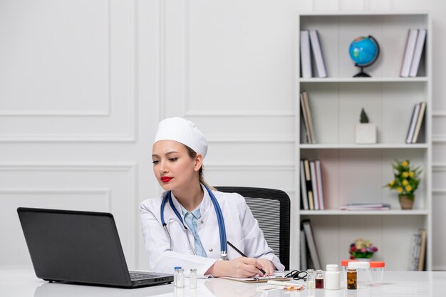 흰색 병원 코트와 모자에 컴퓨터 쓰기 메모를 쓴 의학적 아름다운 귀여운 의사