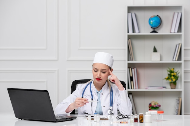 Medical cute lovely doctor in white lab coat and hat with computer working