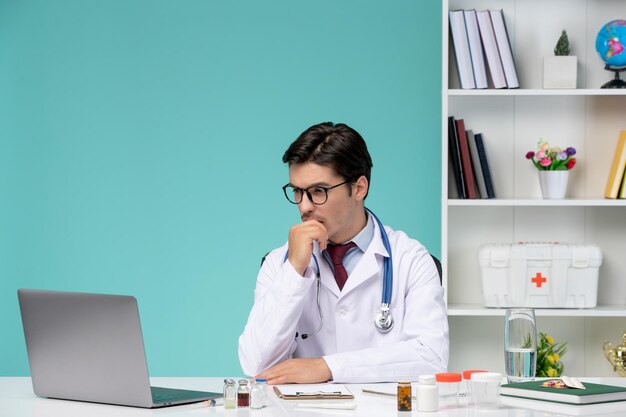 Medical cute smart doctor in lab coat working remotely on computer concentrated