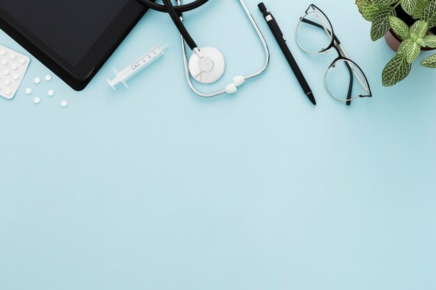 Medical desk with glasses