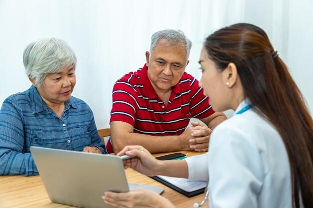 Medical doctor explaining unhappy result to senior elder patient couple man and woman