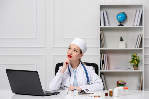 Medical pretty cute doctor in white lab coat and hat with computer looking up dreaming