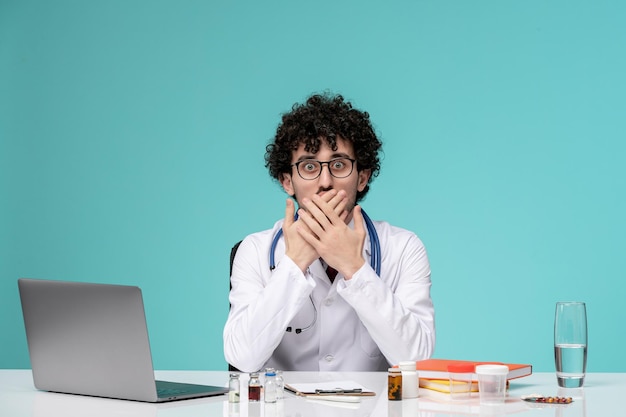 Medical serious cute handsome doctor working on computer in lab coat covering mouth shocked