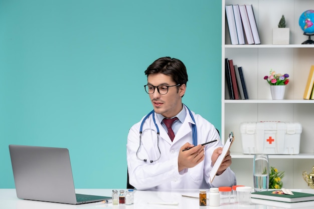 Medical serious smart doctor in lab coat working remotely on computer explaining prescription