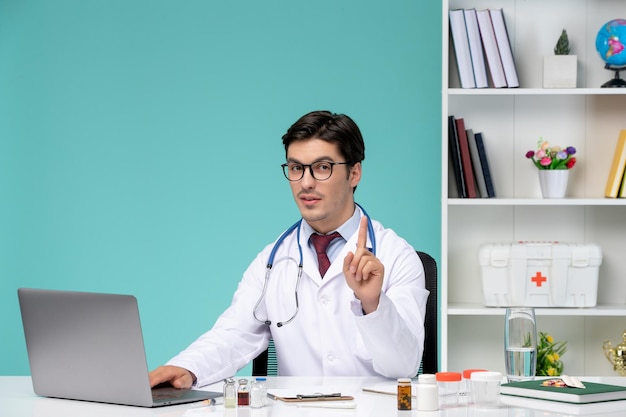 Медицинский умный молодой врач в лабораторном халате работает удаленно на компьютере и просит подождать