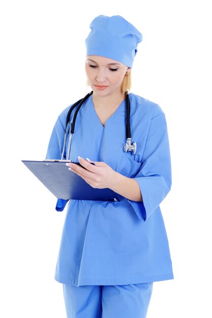 Medical woman  worker with  stethoscope  - isolated on white