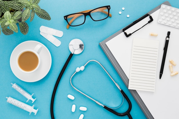 Medical workspace with coffee cup