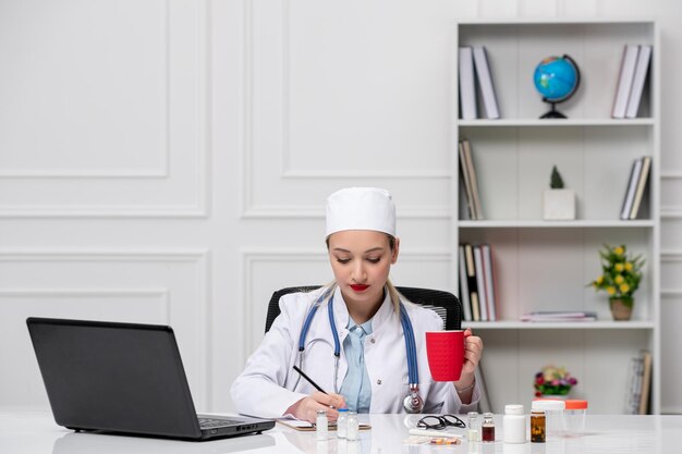 흰색 병원 코트와 모자와 빨간 컵 컴퓨터와 의료 젊은 금발 의사