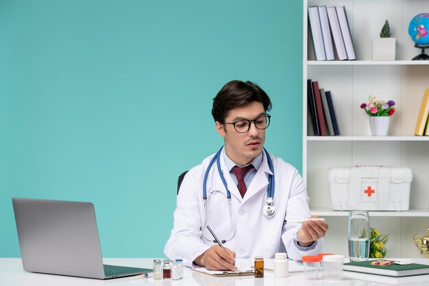 Free photo medical young smart doctor in lab coat working remotely on computer wriring prescription