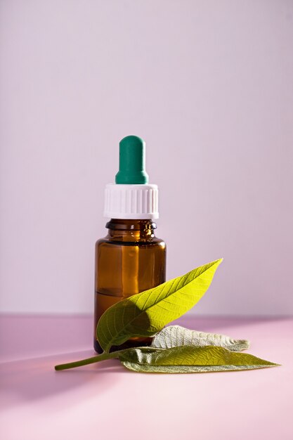 medicinal leaf extracts in a medicine bottle on pink