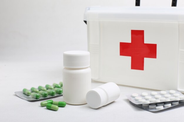 medicine bottles and home medical kit