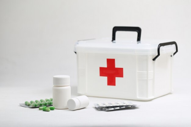 medicine bottles and home medical kit