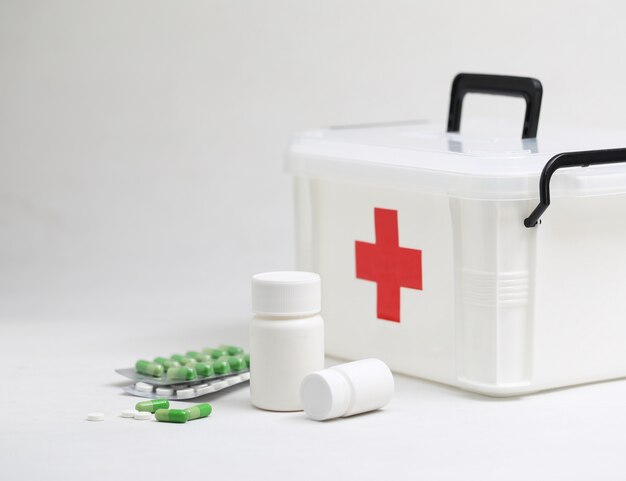medicine bottles and home medical kit