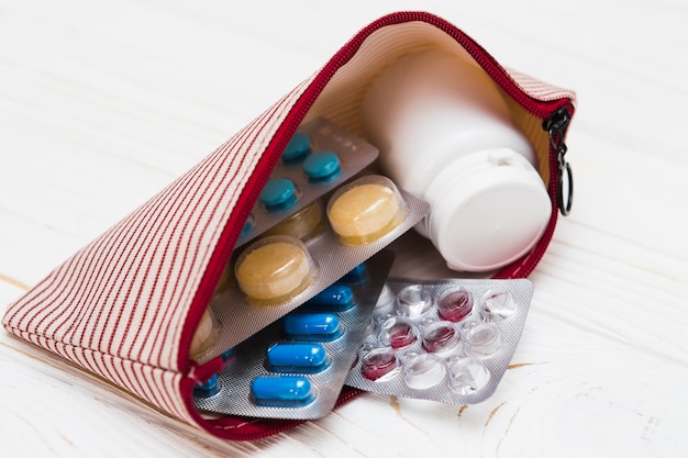 Medicine concept with pills in bag