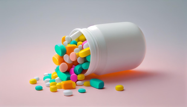 Medicine container spills colorful pills background generative AI