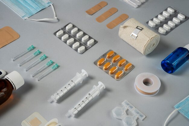 medicine supplies assortment high angle
