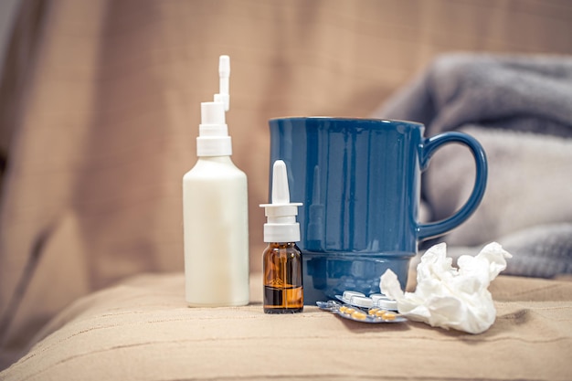 Medicines cup and napkin closeup in the patients bed