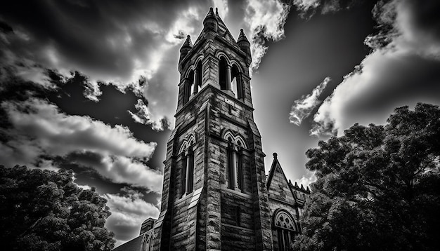 Free photo medieval abbey spire pierces dramatic monochrome sky generated by ai