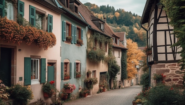 Foto gratuita edificio medievale bavarese con facciata di fiori colorati generati dall'intelligenza artificiale