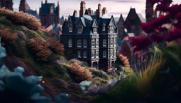 medieval gothic building surrounded by colorful autumn trees generative ai