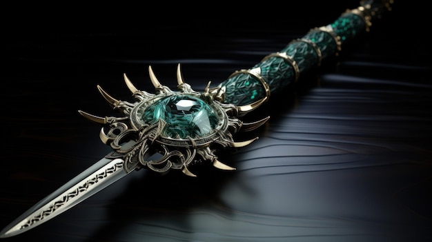 Free photo medieval saber blade with green emerald on black background