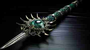 Free photo medieval saber blade with green emerald on black background