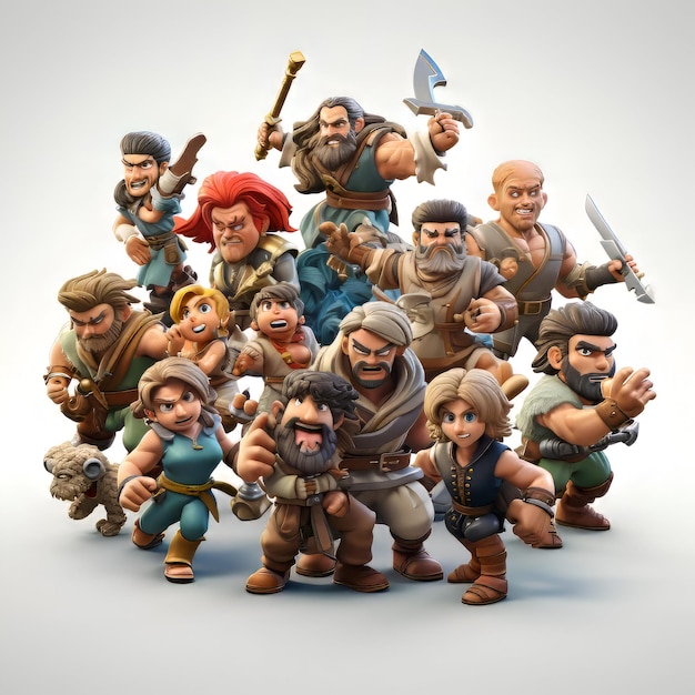 Medieval warriors group on a gray background 3D illustration