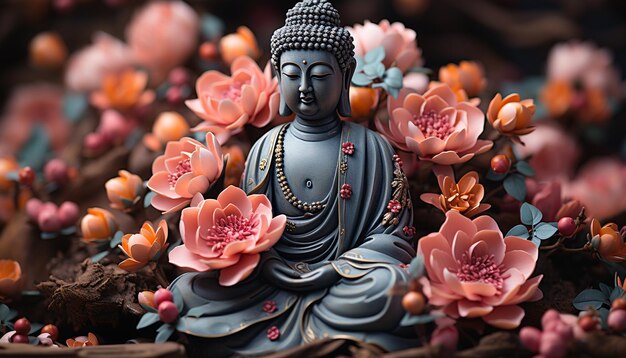 Meditating Buddha statue symbolizes spirituality and tranquility in nature generated by artificial intelligence