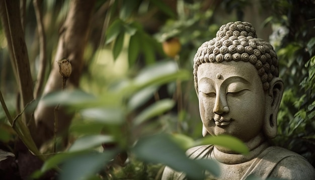 Free photo meditating buddha statue in tranquil forest setting generated by ai
