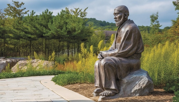 Meditating monk in nature surrounded by history generated by AI