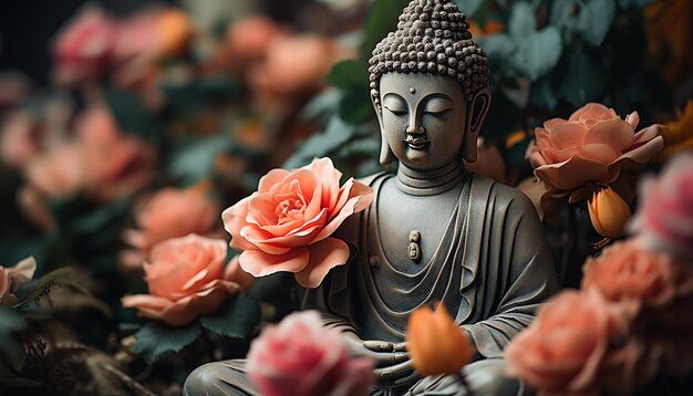 Медитирующая статуя символизирует духовную гармонию и спокойствие в буддизме, созданное искусственным интеллектом.