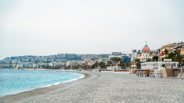 Mediterranean sea coast of Nice France Empty beach evening