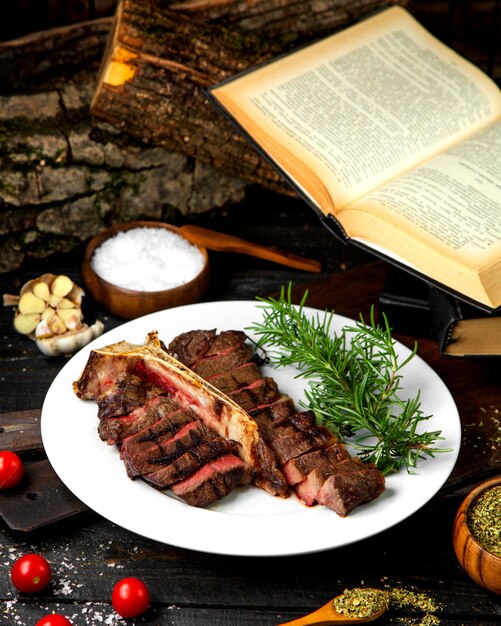 Medium rare steak on a white plate