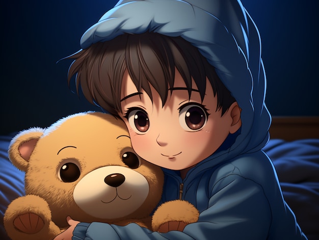 Foto gratuita personaggio d'anime a media ripresa che abbraccia un orsacchiotto