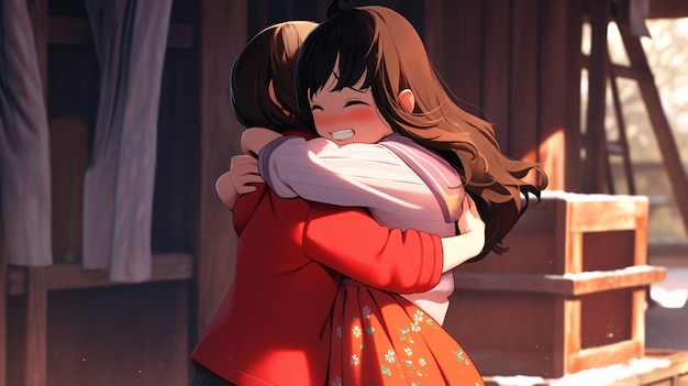 Medium shot anime characters hugging