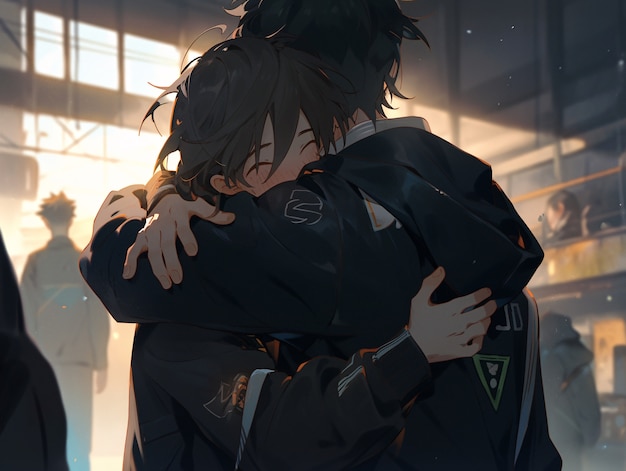 Medium shot anime characters hugging