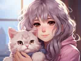 Бесплатное фото Средний кадр аниме женщина обнимает кошку