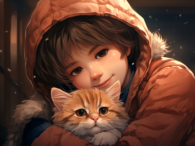 Средний кадр аниме женщина обнимает кошку