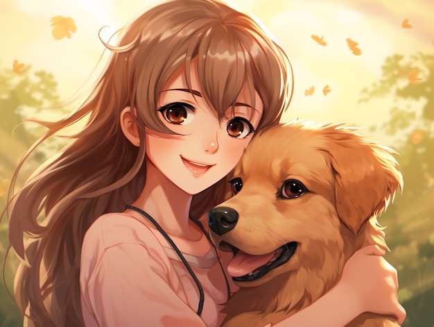 Medium shot anime woman hugging dog