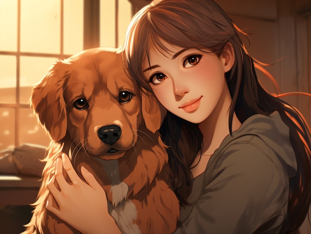 Medium shot anime woman hugging dog