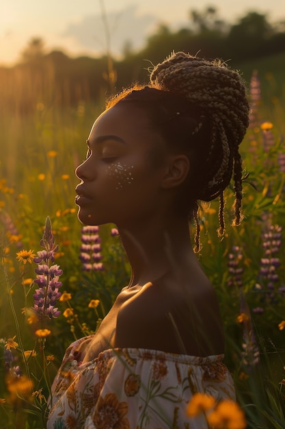 medium shot beautiful woman with braids