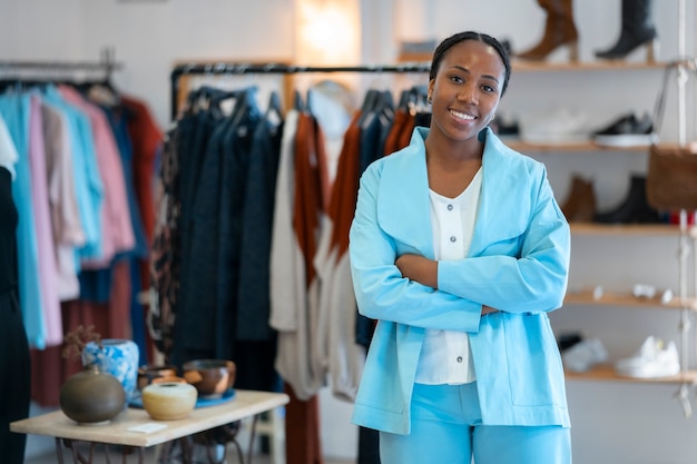 Medium shot black woman running a small business