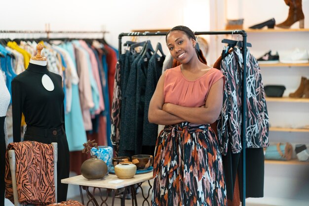 Medium shot black woman running a small business