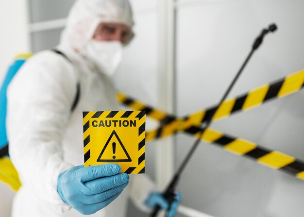 Medium shot blurry man holding caution sign