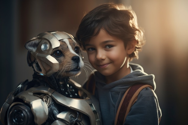 Medium shot boy hugging dog