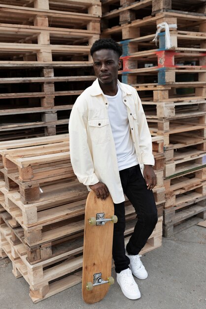 Medium shot boy with skateboard