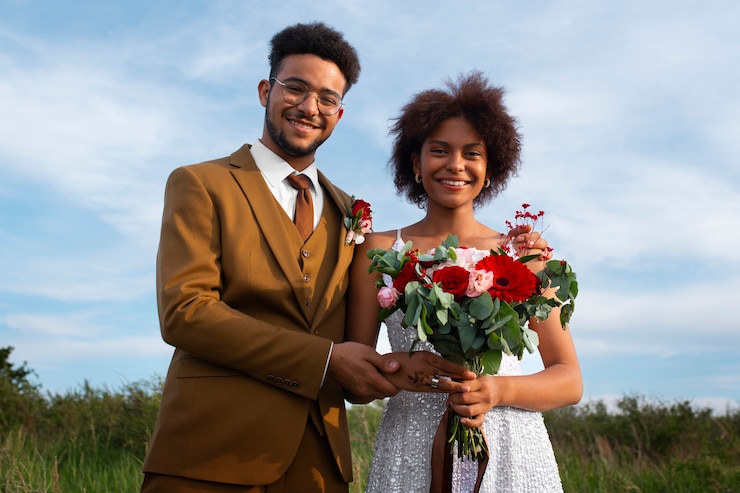 Free Photo medium shot bride and groom posing outdoors