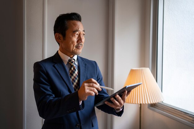medium shot business man holding tablet