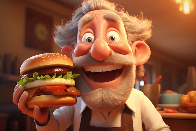 Medium shot cartonish old man with burger